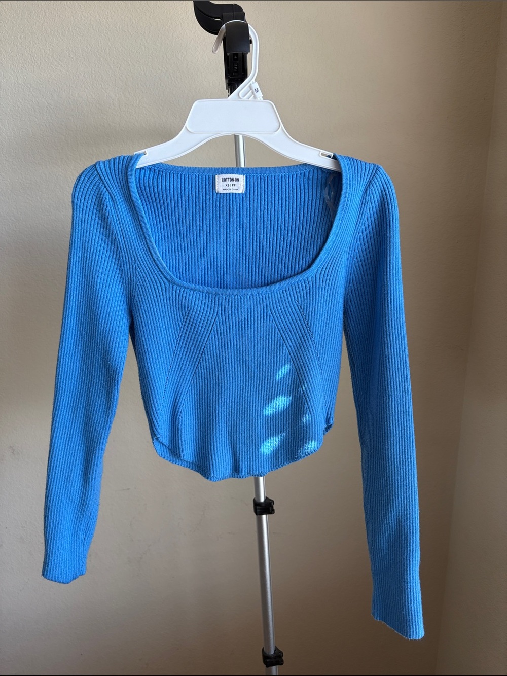 Cotton On Bright Blue Ribbed Long Sleeve Scoop Crop Top